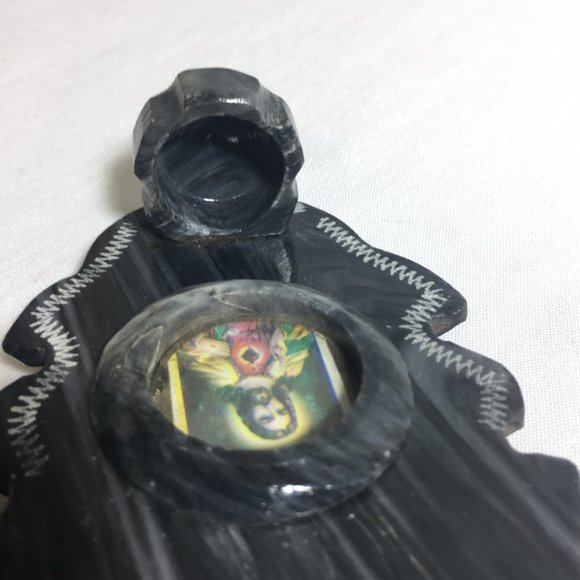 VTG 80s Black Onyx CANDLE HOLDER with RELIGIOUS Catholic Jesus Image - Picture 3 of 5